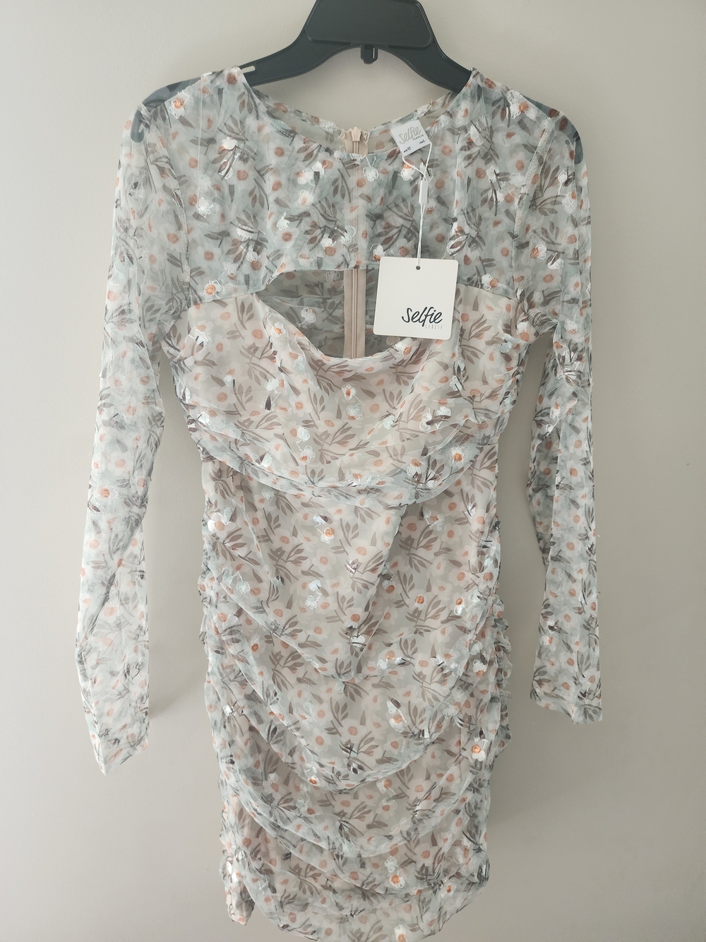 Selfie Leslie Floral Sheer Mini Dress in White, Peach & Gray